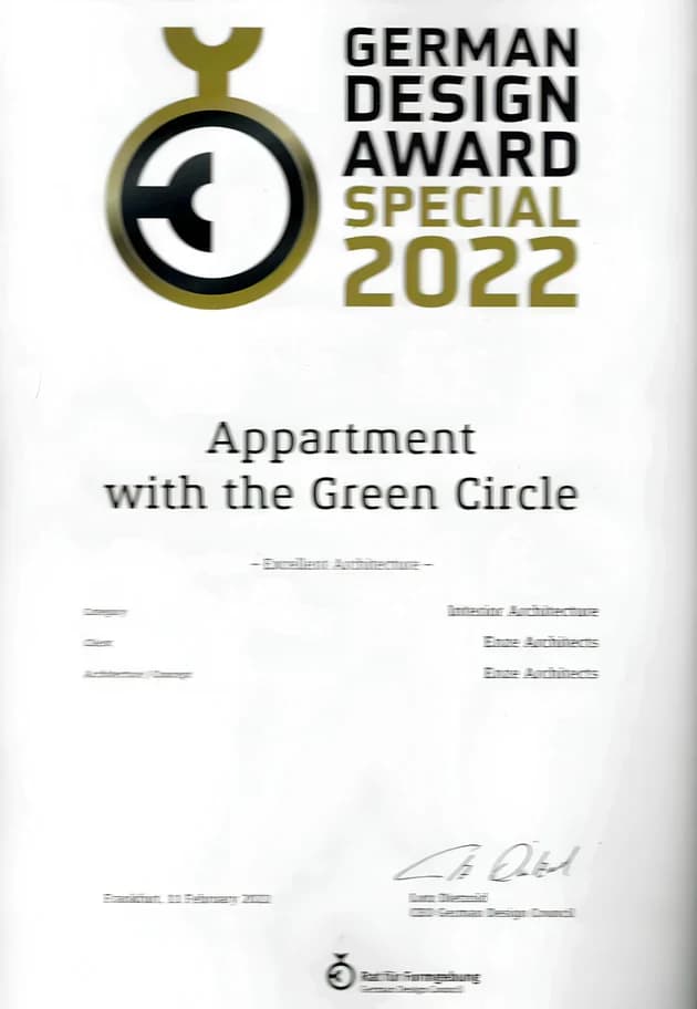 German Design Award Special 2022 certificate awarded to Natalia Enze for Apartment with the Green Circle