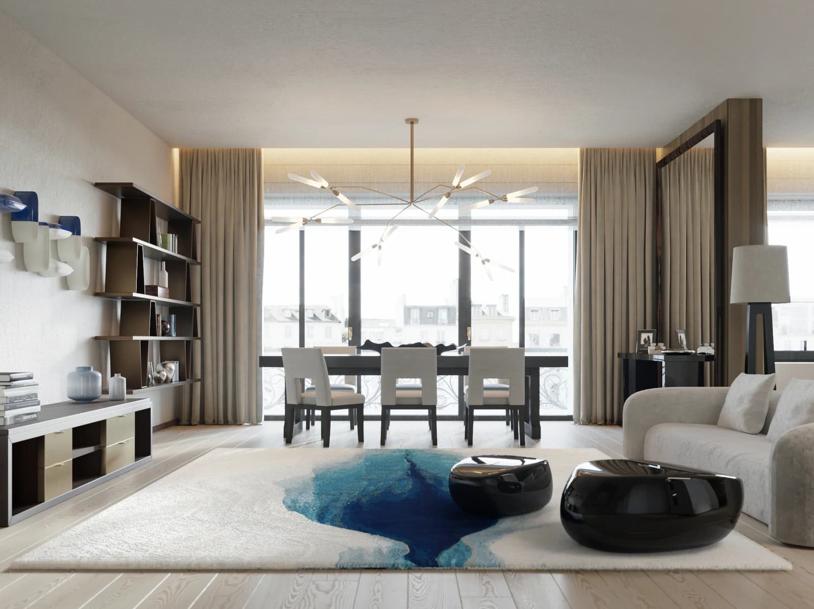 ICEBERG — interno residenziale di Natalia Enze con tappeto blu e zona pranzo luminosa