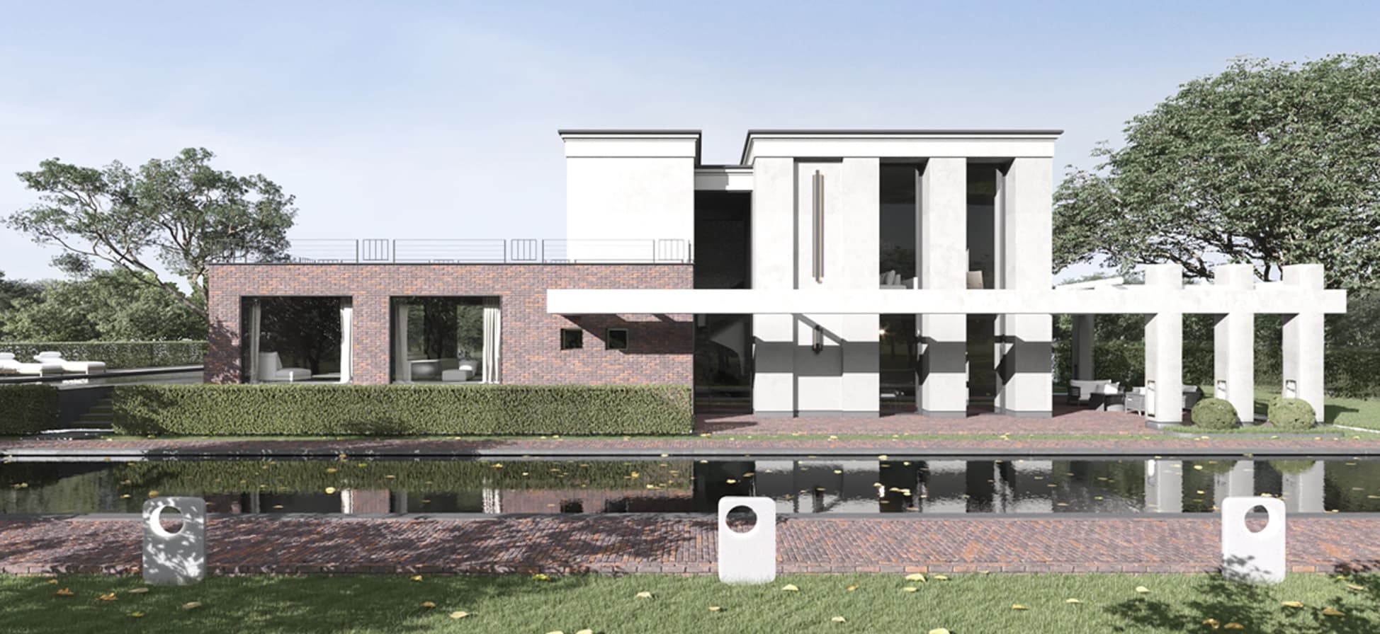 Contemporary brick and white residence by Natalia Enze mirrored in a garden water basin