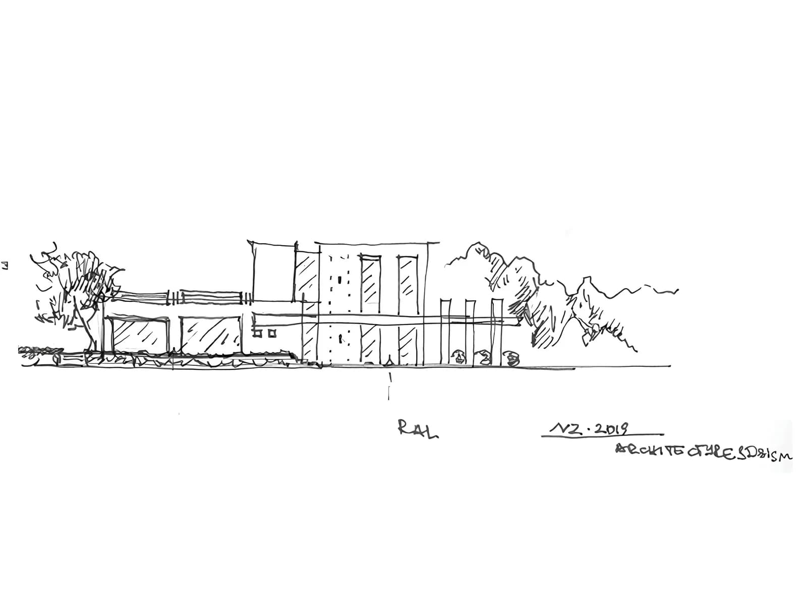 Hand-drawn residential architecture elevation by Natalia Enze
