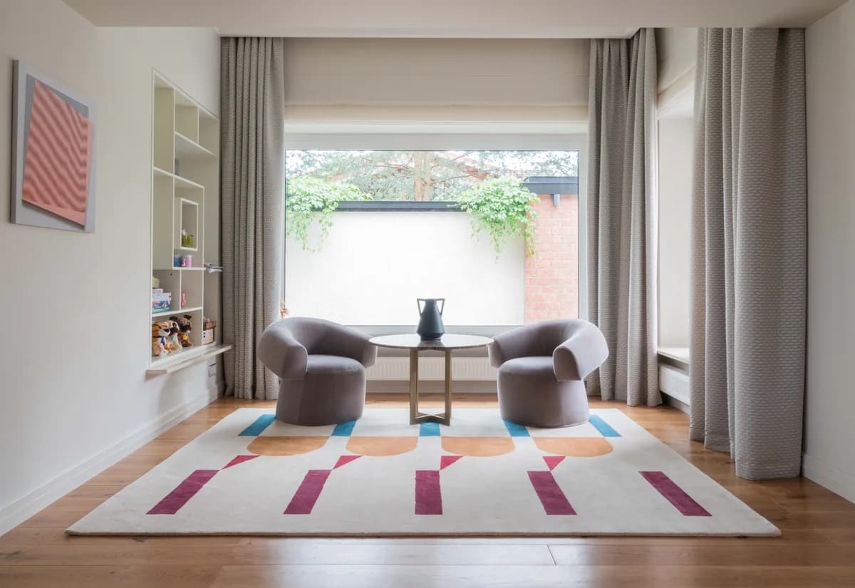 Dialogue red white modern rug by Natalia Enze, another view